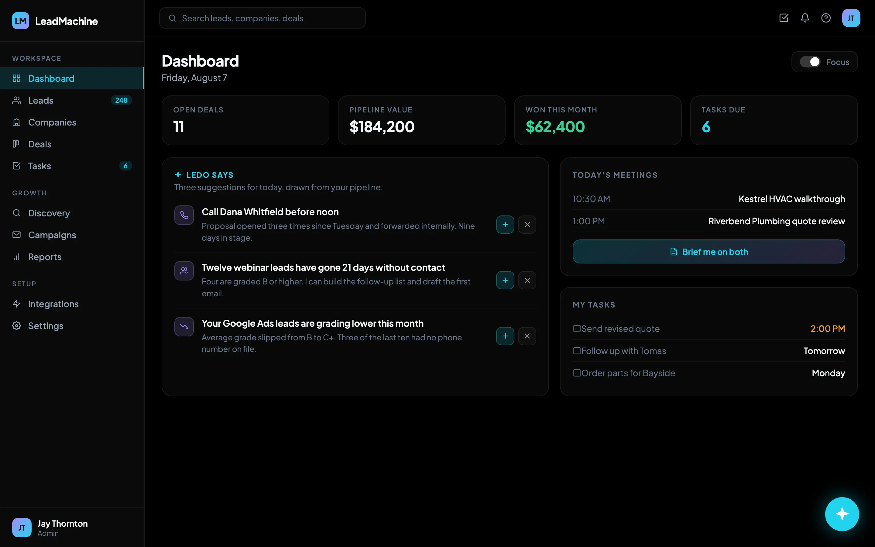 LeadMachine dashboard with the Ledo Says panel showing three daily coaching suggestions