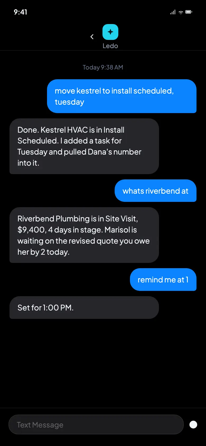 Text message thread where Ledo moves a deal and sets a reminder by SMS